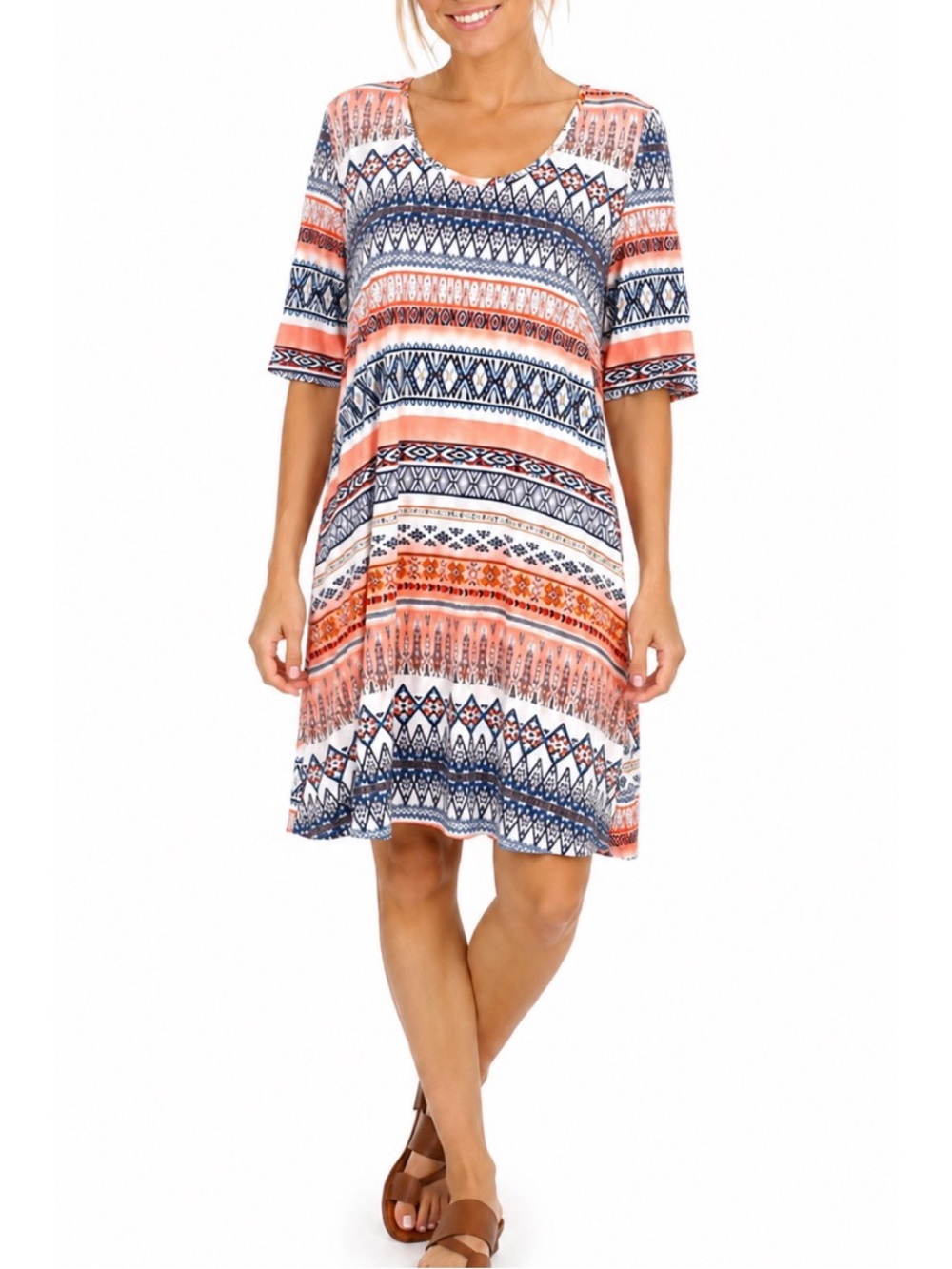 Vanity geometric print dress w/ scoop neckline, elbow-length sleeves